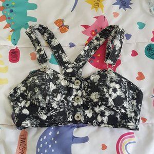 black white floral print denim cropped bustier bralette top